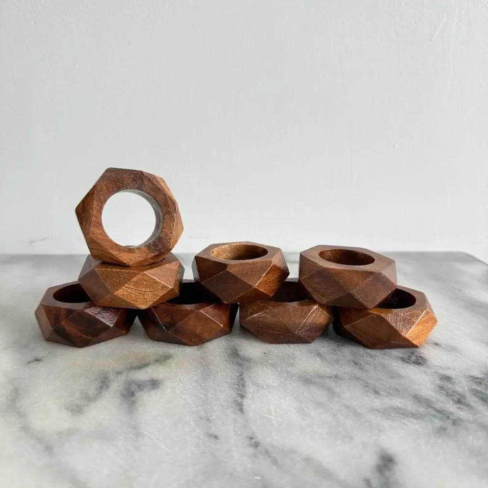 Vintage | MCM Faceted Wood Napkin Rings Set Of 8 Carved Geometric Setting Holder